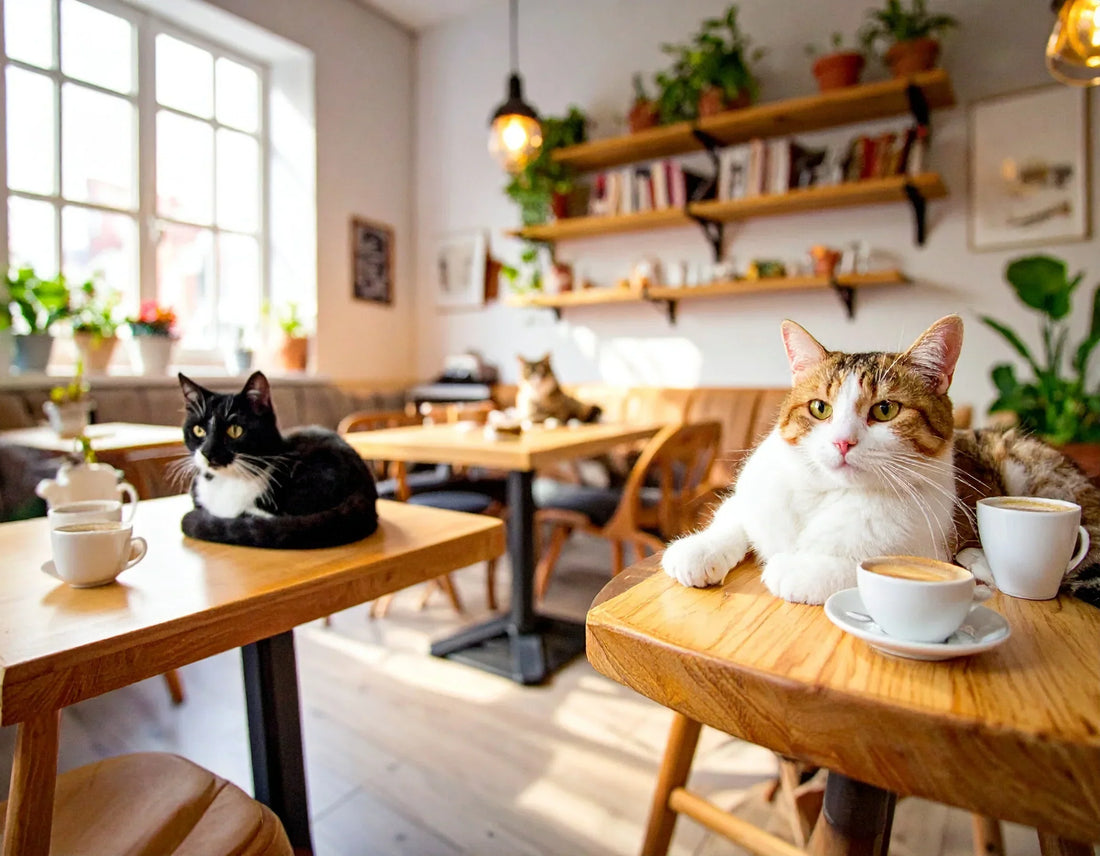 Knus Europees kattencafé met warme verlichting, houten tafels en ontspannen katten – ideaal voor koffie én kattentijd, Kattenhoek blog