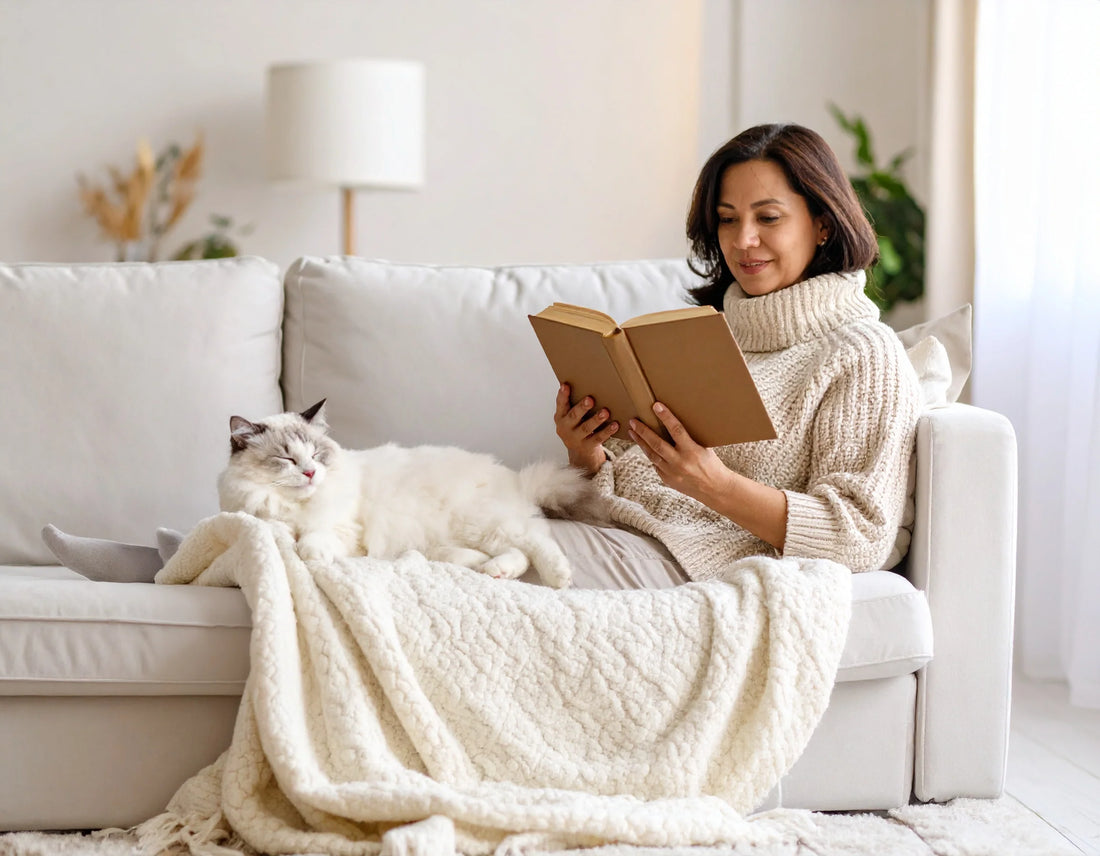 Een man leest een boek op de bank terwijl zijn kat vredig slaapt op zijn borst – Kattenhoek, kattenrust, mens en kat samen