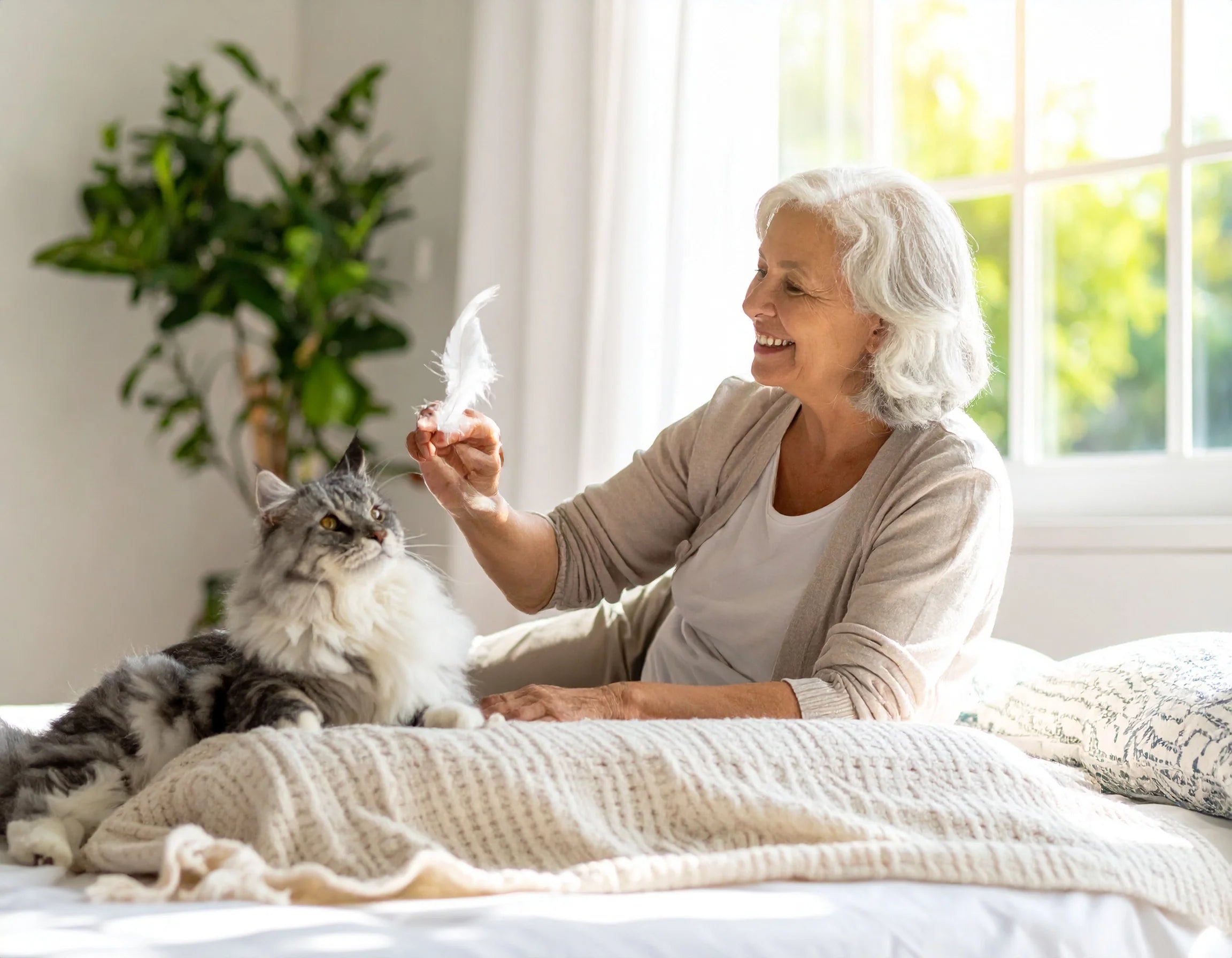 Een man speelt met zijn oudere kat op de bank – Kattenhoek, kattenliefde in elke levensfase Senior kat op zachte deken in zonlicht – welzijn voor oudere katten met Kattenhoek