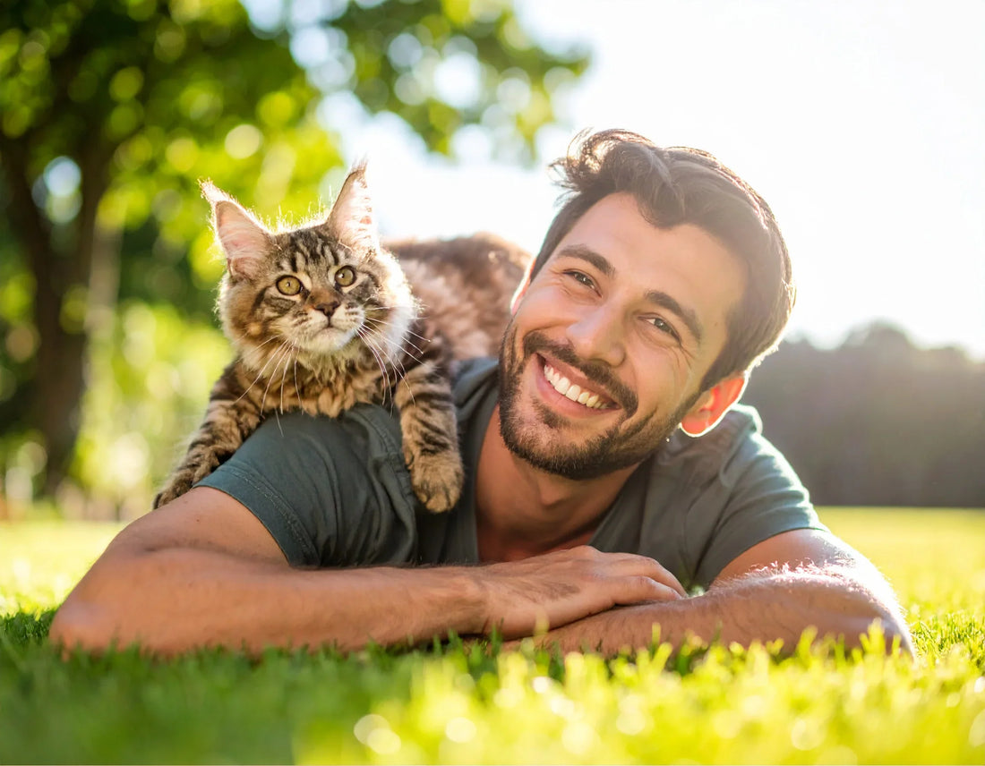 1. Speelse kitten die op de rug van een lachende man zit – warme band tussen mens en kat, Kattenhoek blog.