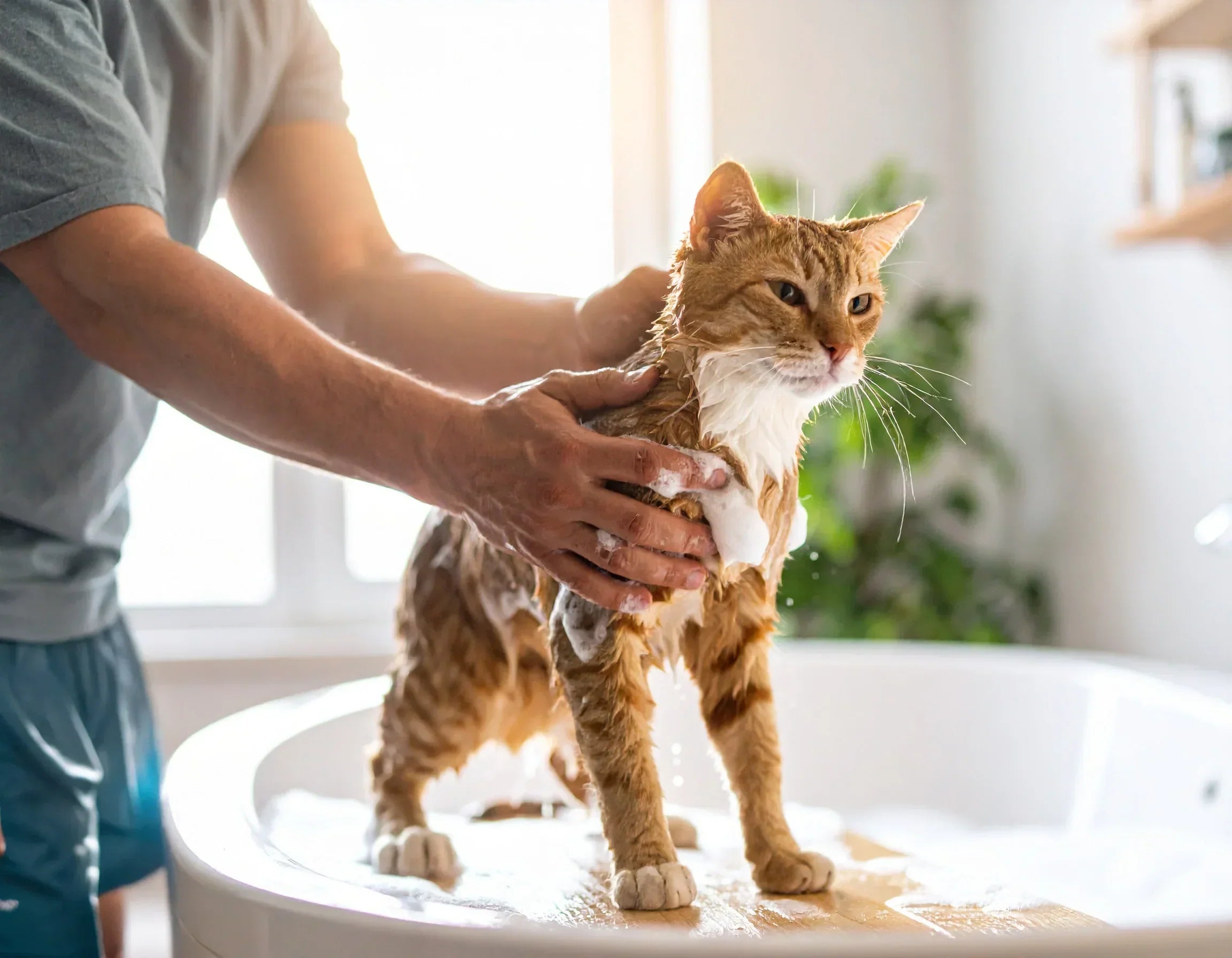 1. Kat die zichzelf likt en schoonhoudt – natuurlijke verzorging, Kattenhoek blog. 2. Kat met natte vacht tijdens het wassen door eigenaar, liefdevolle verzorging. 3. Lauwwater en katten shampoo klaar voor een stressvrije wasbeurt.