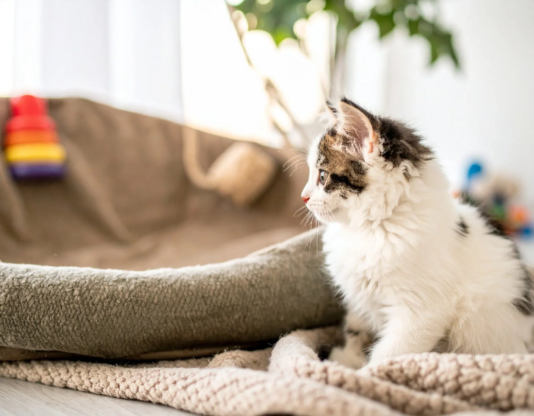 Nieuw geadopteerde kitten die nieuwsgierig om zich heen kijkt in zijn nieuwe thuis, zittend naast een zachte mand – Kattenhoek.