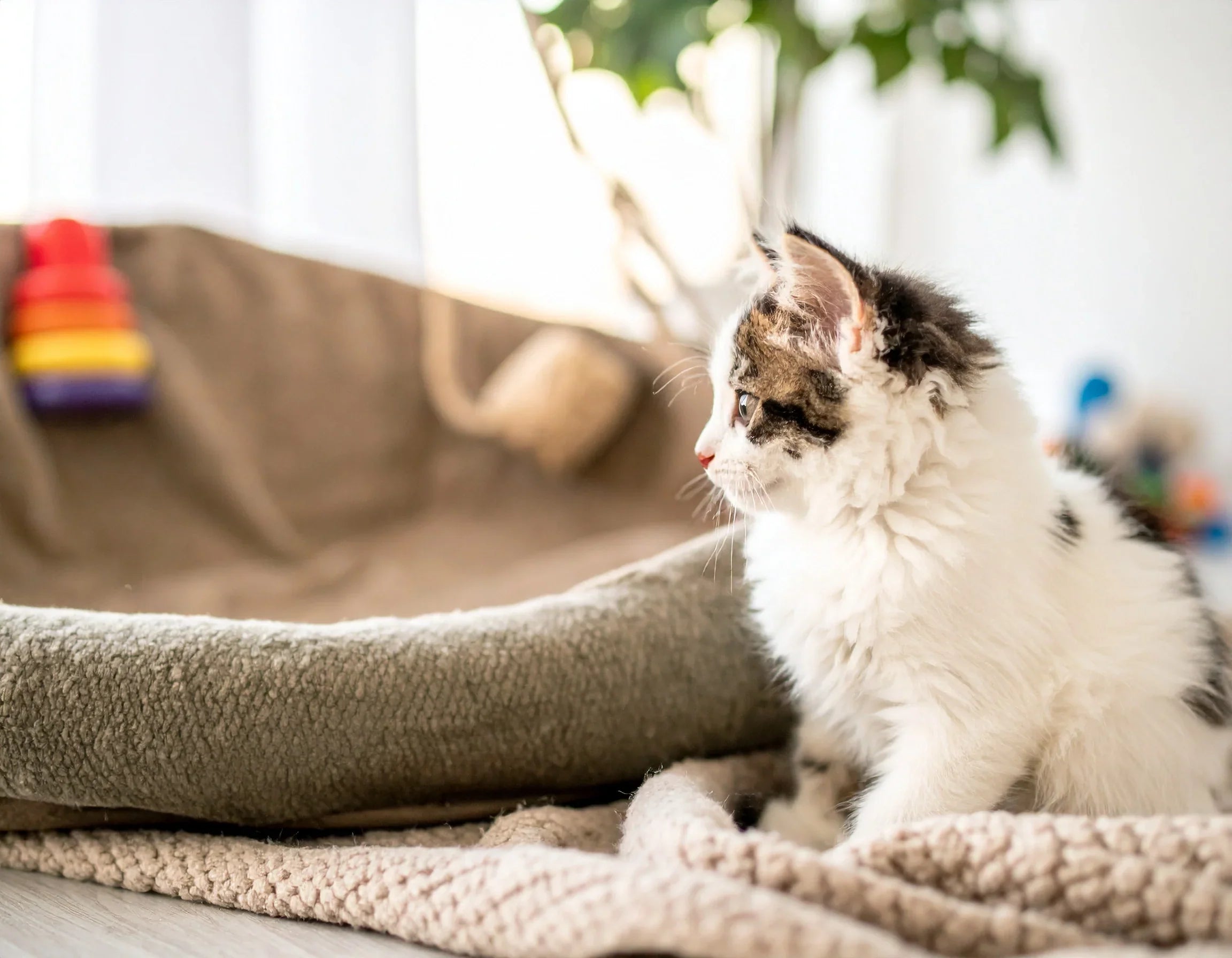 Nieuw geadopteerde kitten die nieuwsgierig om zich heen kijkt in zijn nieuwe thuis, zittend naast een zachte mand – Kattenhoek.