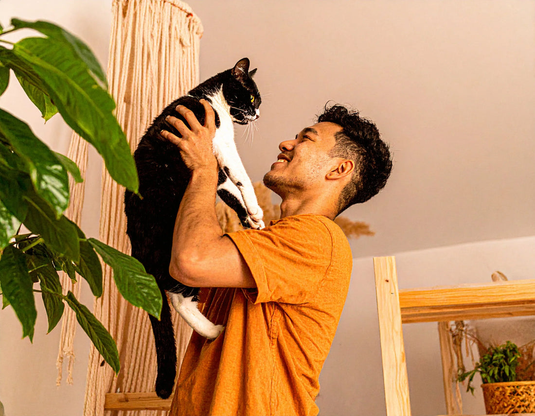 Man van ongeveer 31 jaar die trots zijn kat voor zich houdt in een warme, sfeervol verlichte kamer, beiden ontspannen en gelukkig – Kattenhoek.