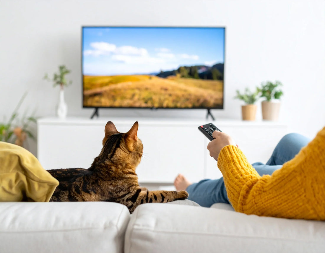 Kat kijkt gefascineerd naar bewegende beelden op een televisie, smartphone of tablet, uitleg over jachtinstinct en mentale stimulatie bij Kattenhoek