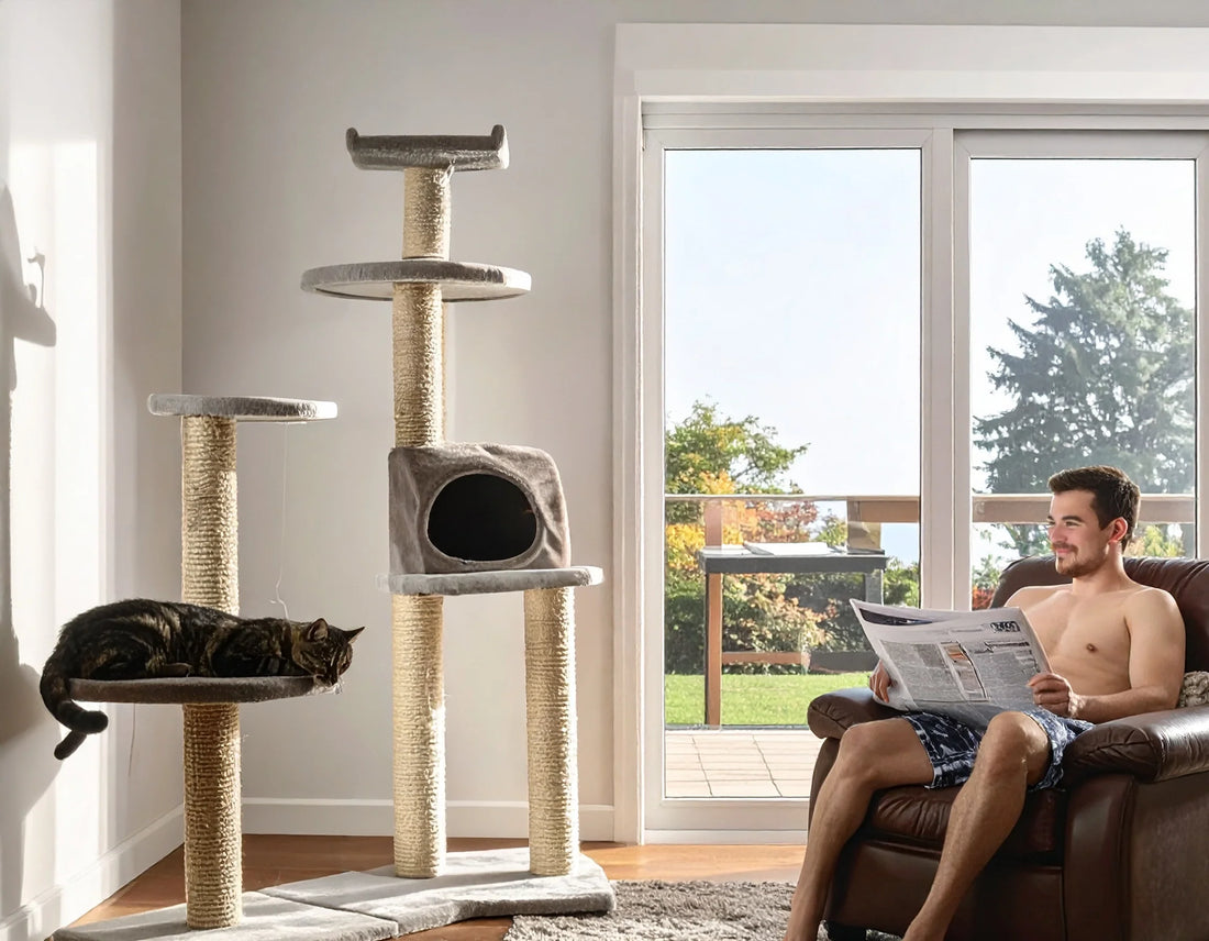 Kat die krabt aan een hoge WHISKK™ Pro Design Kattenpaal in een modern woonkamerinterieur – Kattenhoek.