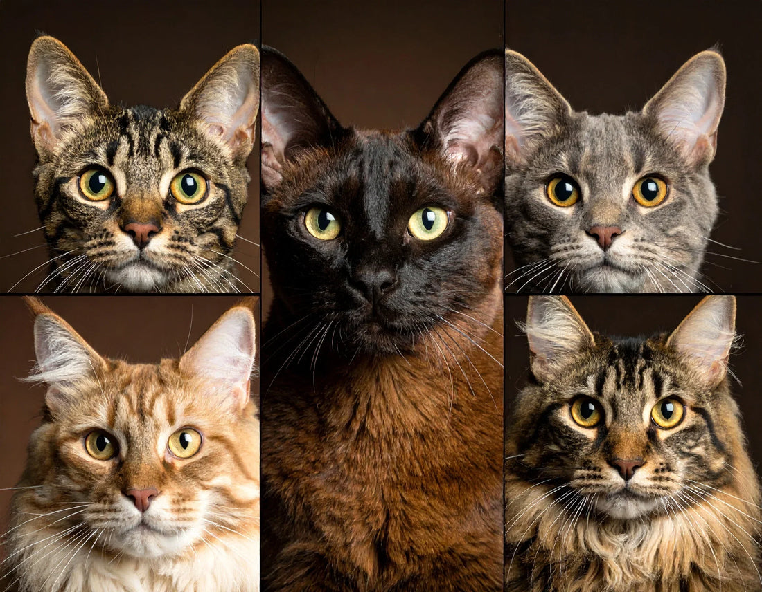 Vier kattenportretten die de populairste rassen in Europa tonen: een zachte British Shorthair, een imposante Maine Coon, een sprekende Siamese, en een elegante Perzische kat – Kattenhoek.