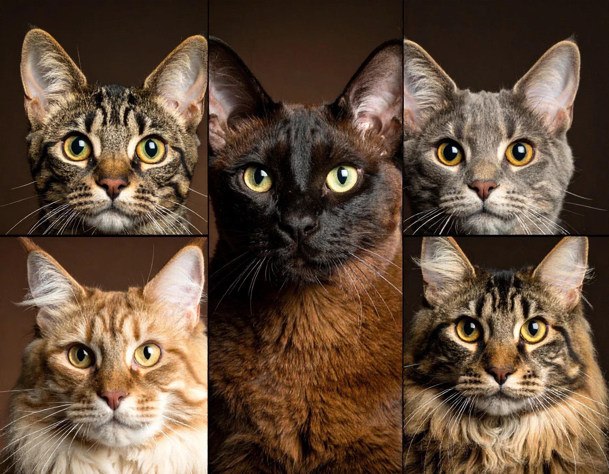 Vier kattenportretten die de populairste rassen in Europa tonen: een zachte British Shorthair, een imposante Maine Coon, een sprekende Siamese, en een elegante Perzische kat – Kattenhoek.