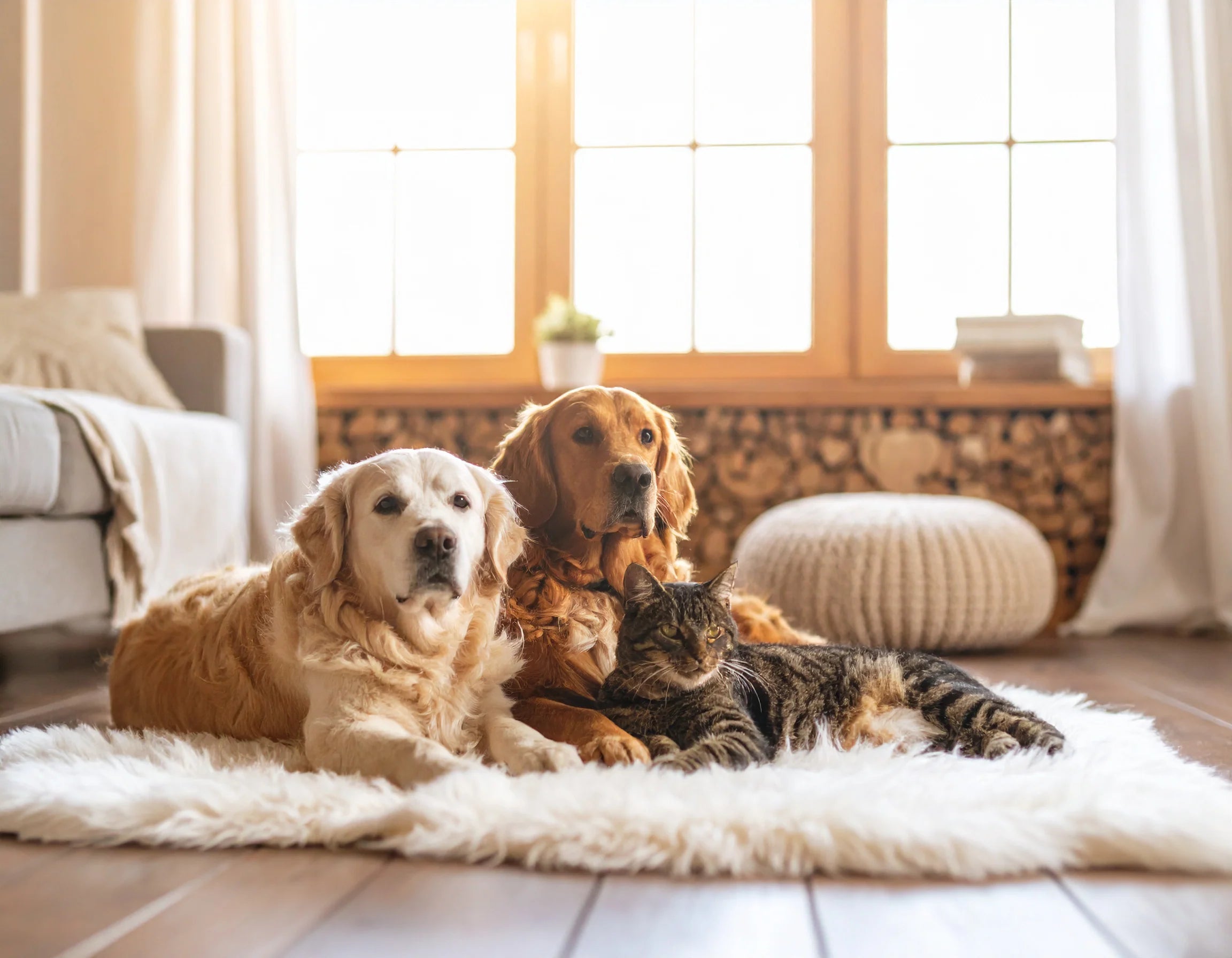 Kat en hond die rustig samen ontspannen in een huiselijke omgeving, symbool voor harmonieus samenleven - Kattenhoek verzorging en accessoires.