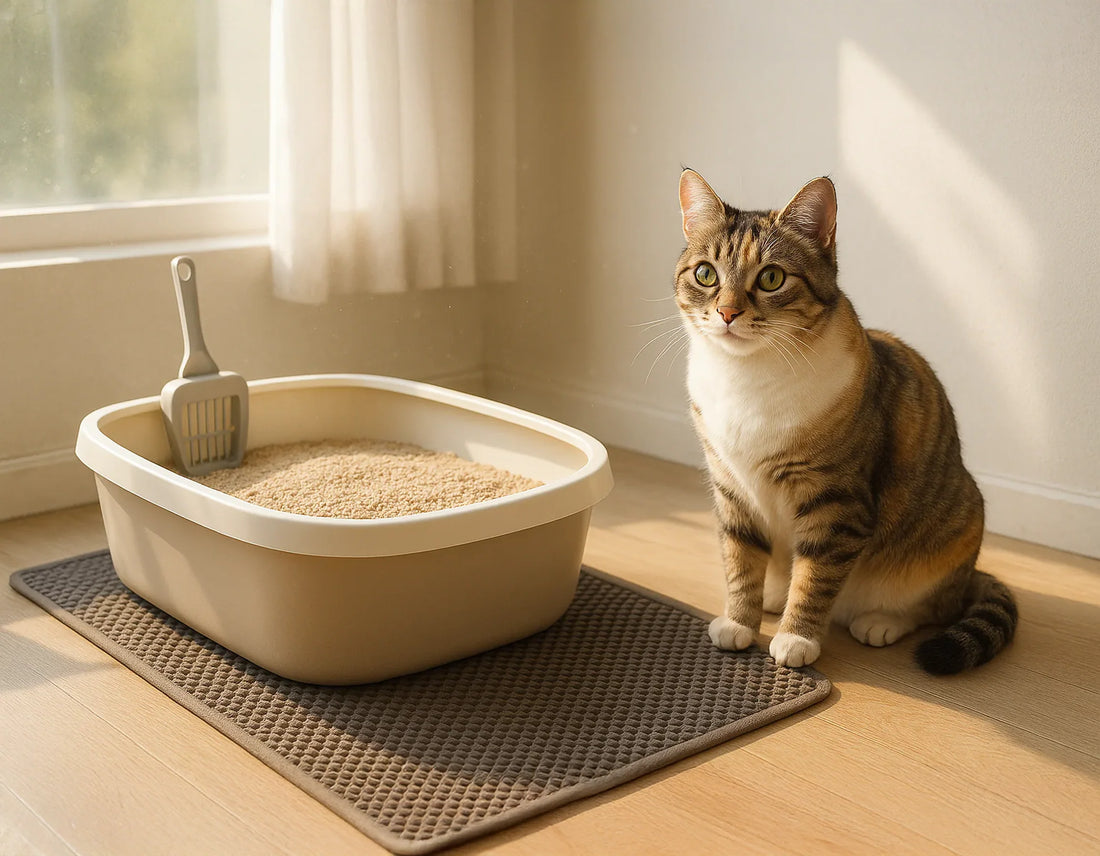 Schone kattenbak met geurabsorberende kattenbakvulling en kattenbakmat in een frisse en lichte ruimte - Kattenhoek verzorging.