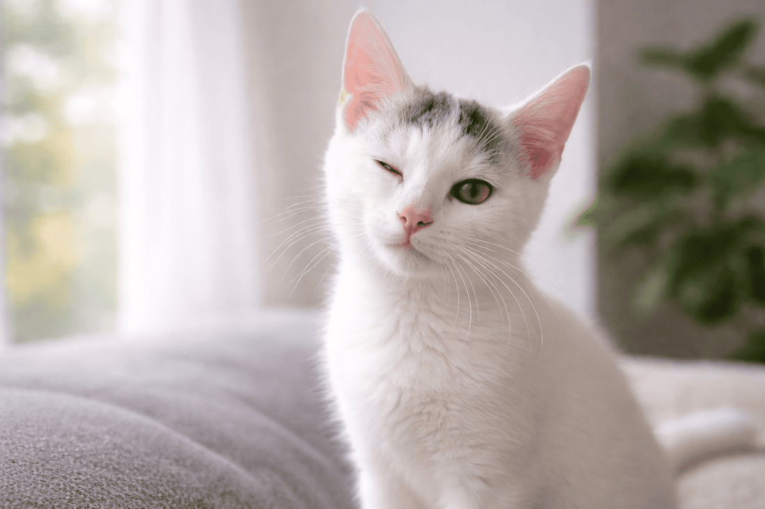 Kat die langzaam knippert met haar ogen terwijl ze op een bank zit – typisch kattengedrag dat vaak wordt gezien als een kattenkus.