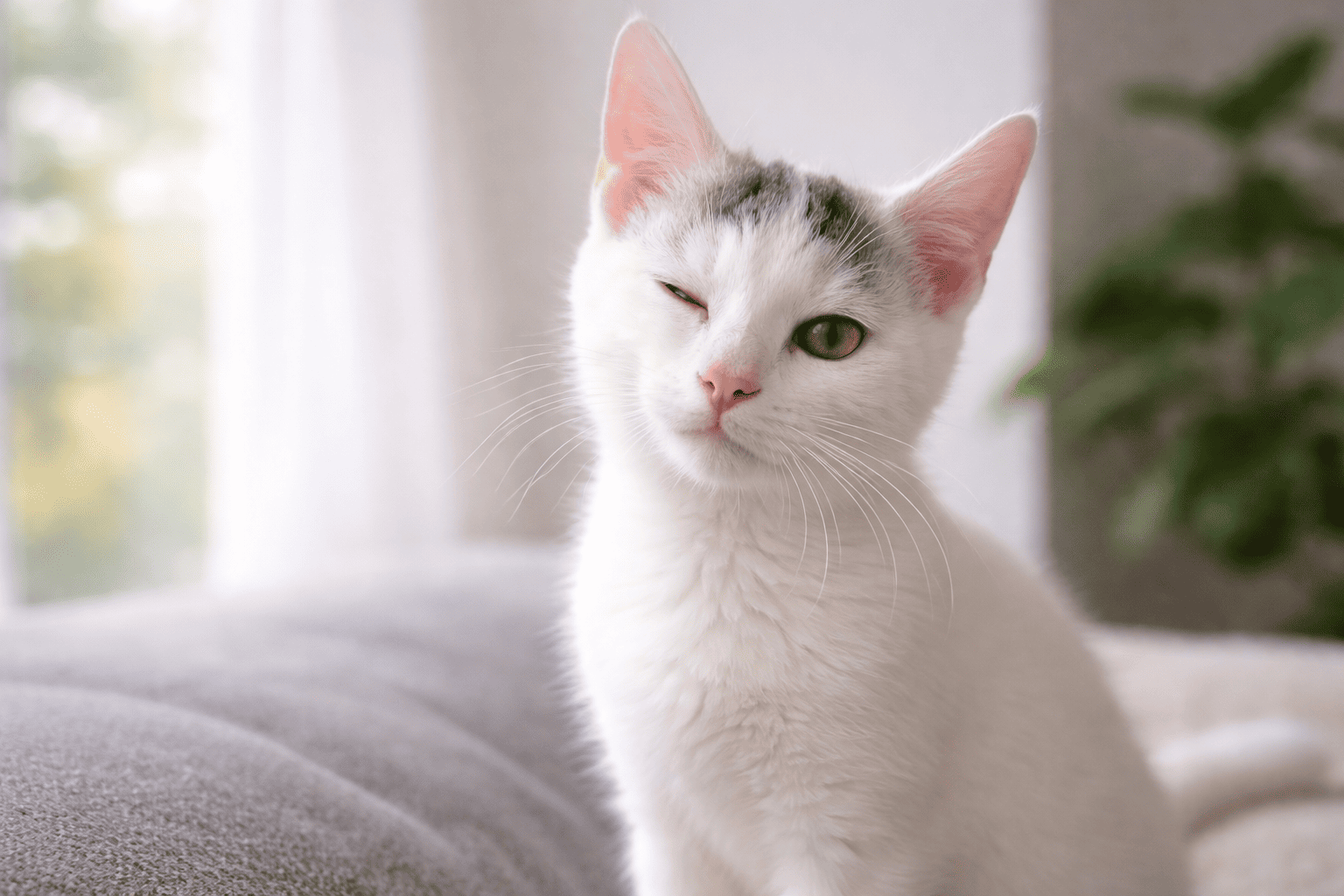 Kat die langzaam knippert met haar ogen terwijl ze op een bank zit – typisch kattengedrag dat vaak wordt gezien als een kattenkus.