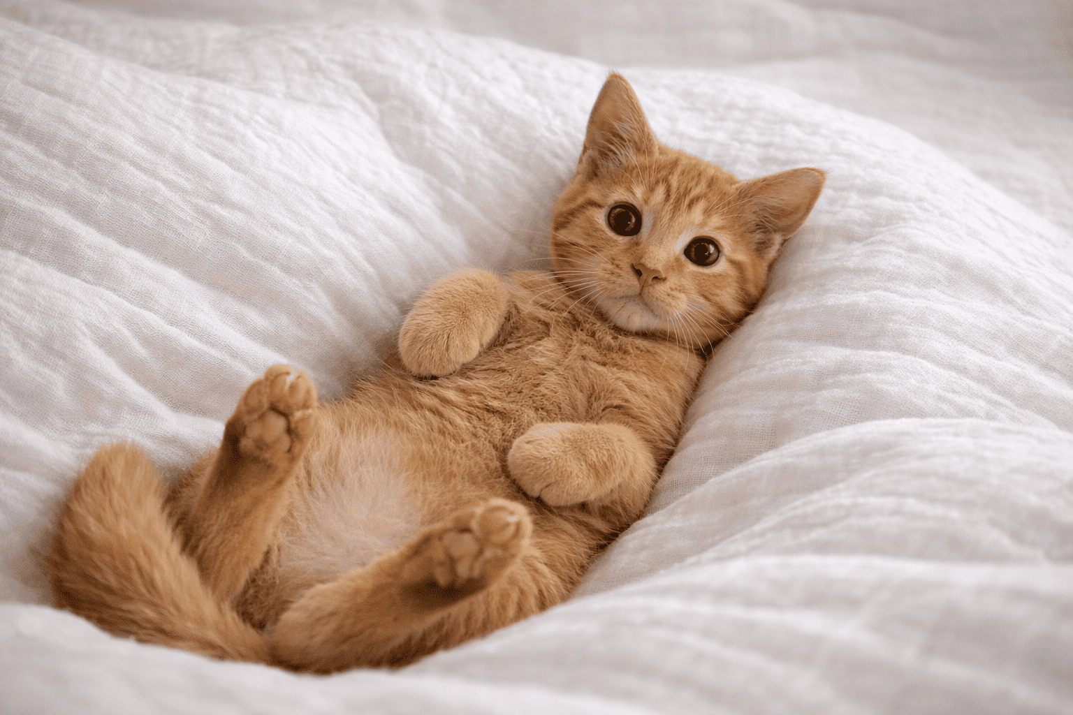 Kat ligt op haar rug met buik zichtbaar en kijkt ontspannen naar eigenaar – Kattenhoek blog over wat het betekent wanneer katten hun buik tonen.