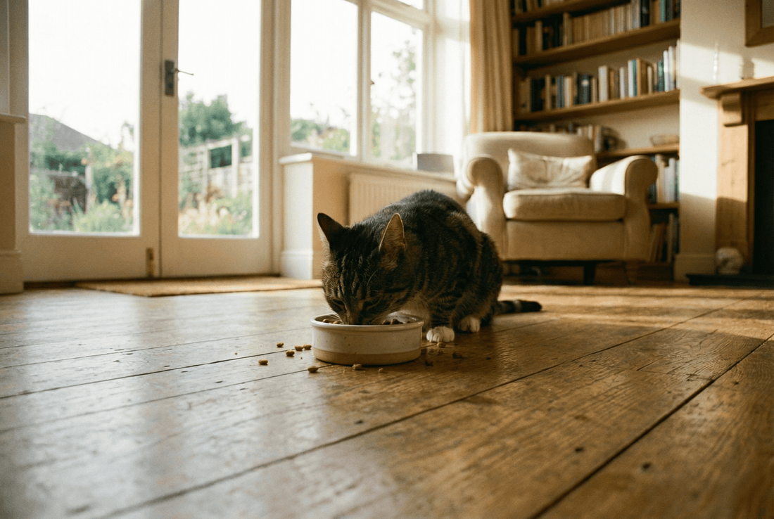 Gestreepte binnenkat eet uit een stijlvolle keramische voerbak op een houten vloer in een zonnige woonkamer – Kattenhoek