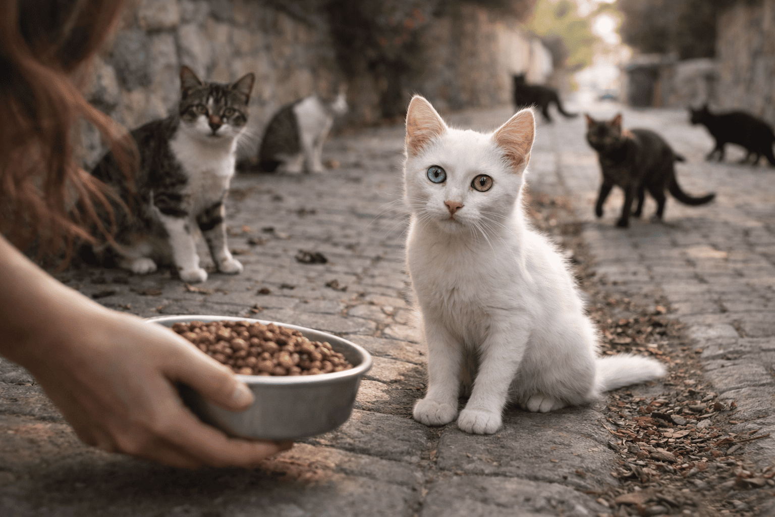 Witte zwerfkat met verschillende oogkleuren krijgt eten van een persoon terwijl andere straatkatten op afstand toekijken, realistisch straatbeeld voor Kattenhoek blog over waarom zwerfkatten terugkomen.