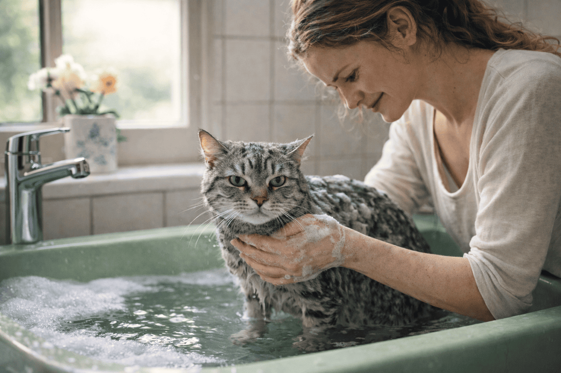 1. Kat die zichzelf likt en schoonhoudt – natuurlijke verzorging, Kattenhoek blog. 2. Kat met natte vacht tijdens het wassen door eigenaar, liefdevolle verzorging. 3. Lauwwater en katten shampoo klaar voor een stressvrije wasbeurt.