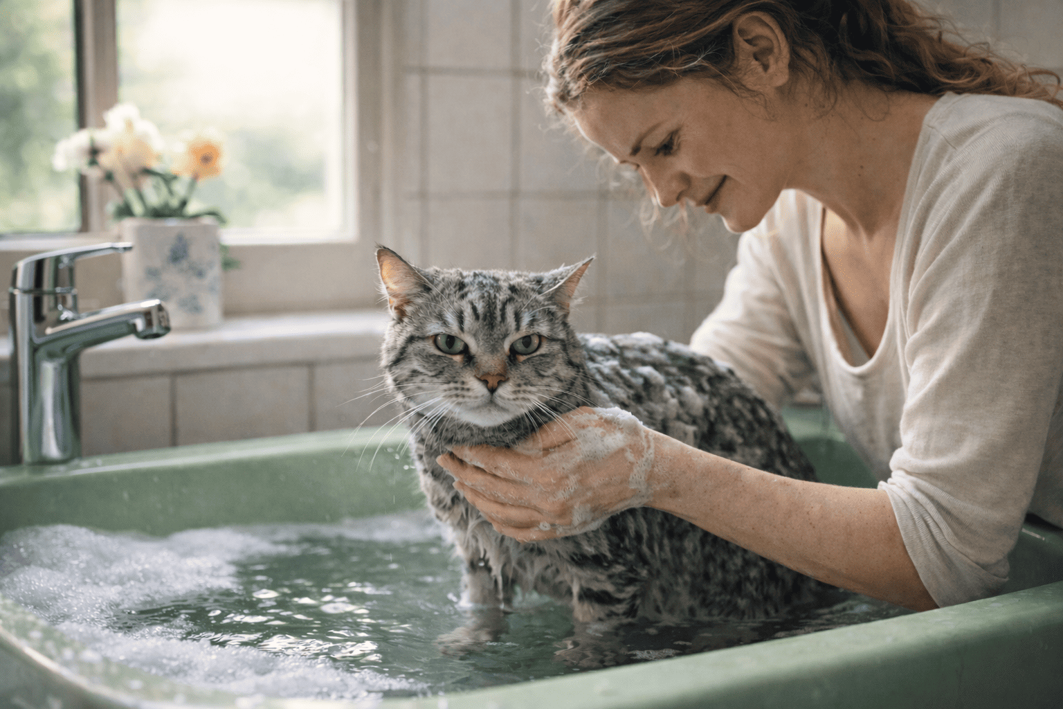 1. Kat die zichzelf likt en schoonhoudt – natuurlijke verzorging, Kattenhoek blog. 2. Kat met natte vacht tijdens het wassen door eigenaar, liefdevolle verzorging. 3. Lauwwater en katten shampoo klaar voor een stressvrije wasbeurt.