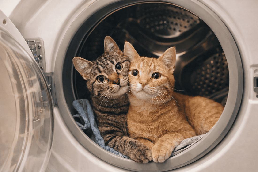 Twee nieuwsgierige katten in een open wasmachine kijken in de camera, speelse huiselijke scène uit de Kattenhoek blog over populaire kattennamen en kattenpersoonlijkheid.