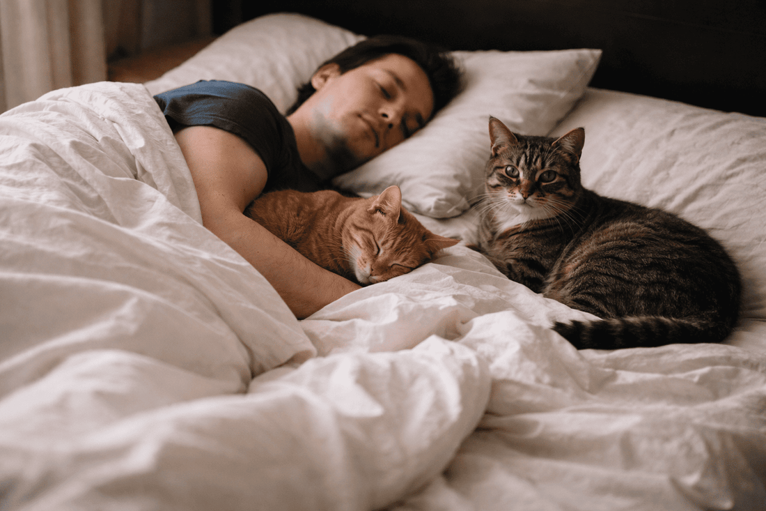 Kat slaapt rustig naast eigenaar in bed onder witte dekens, realistisch moment dat laat zien waarom veel katten graag bij hun mens slapen – Kattenhoek blog over katten in bed laten slapen.