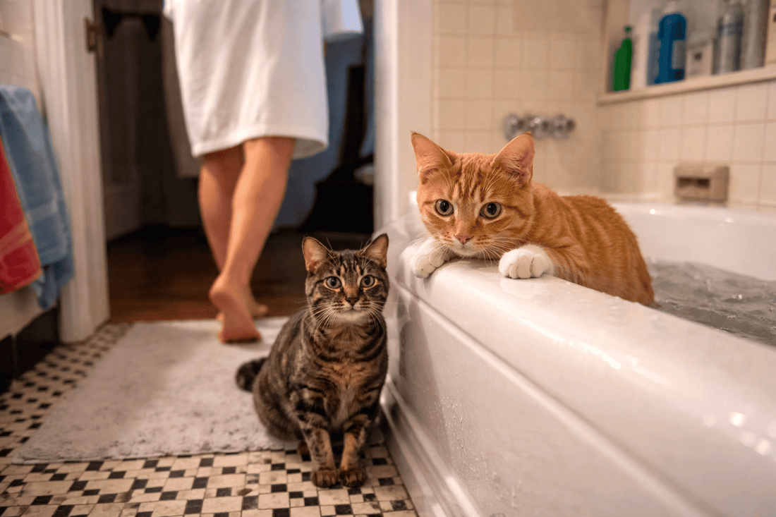 Kat zit voor badkamerdeur en kijkt nieuwsgierig naar eigenaar, typisch gedrag waarbij katten hun baasje volgen naar de badkamer uit nieuwsgierigheid en vertrouwen.