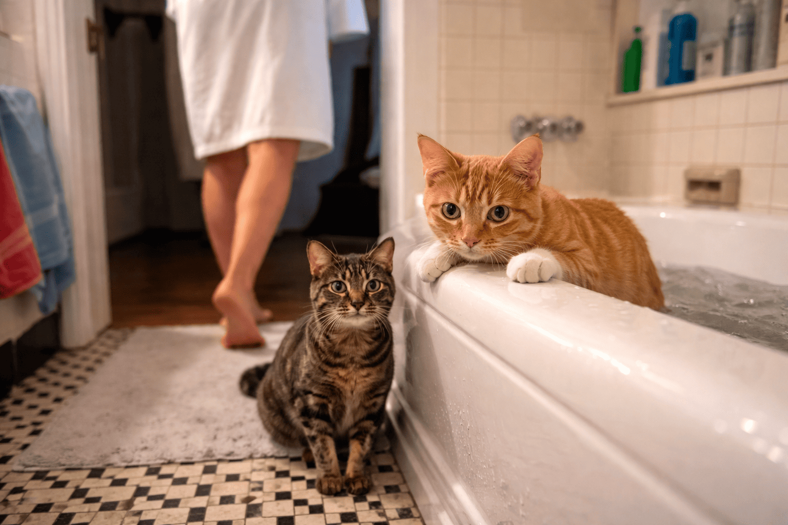 Kat zit voor badkamerdeur en kijkt nieuwsgierig naar eigenaar, typisch gedrag waarbij katten hun baasje volgen naar de badkamer uit nieuwsgierigheid en vertrouwen.