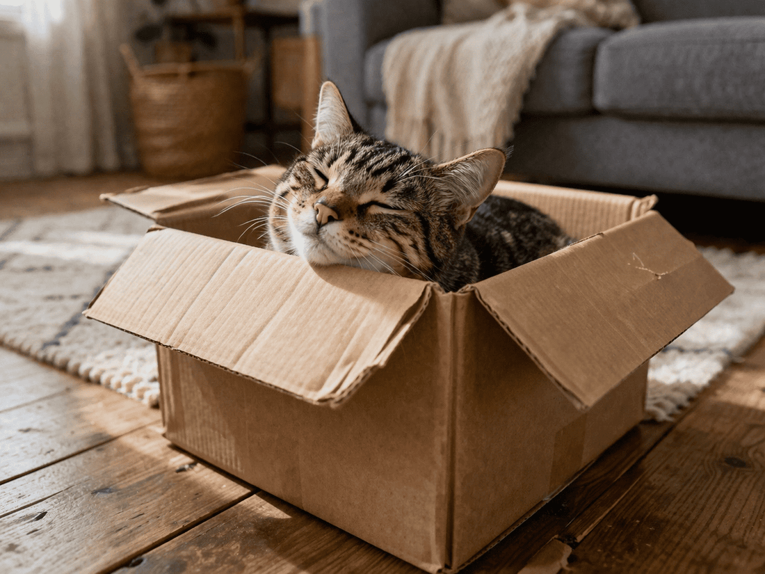 Waarom katten in dozen zitten: huiskat ligt comfortabel in kartonnen doos en voelt zich veilig en ontspannen in huisomgeving.