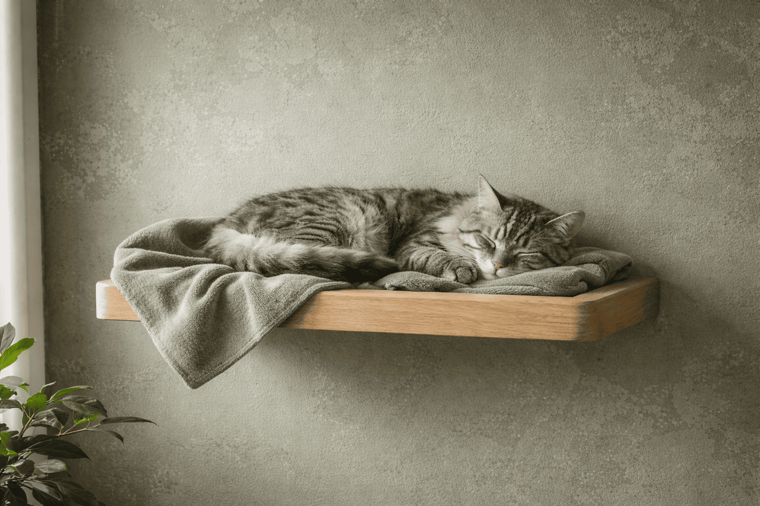 Zilvergrijze kat slaapt rustig op een wandplank met zacht dekentje tegen een groengeschilderde muur, symbool voor rust en comfort voor gevoelige katten in huis.