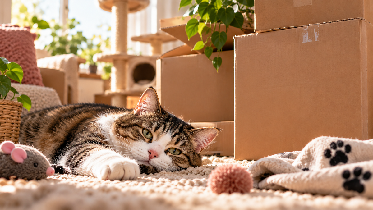 Bruin-witte kat tussen verhuisdozen en kattenspeeltjes in een zonnige woonkamer, ter aankondiging van de vernieuwde Kattenhoek-webshop.