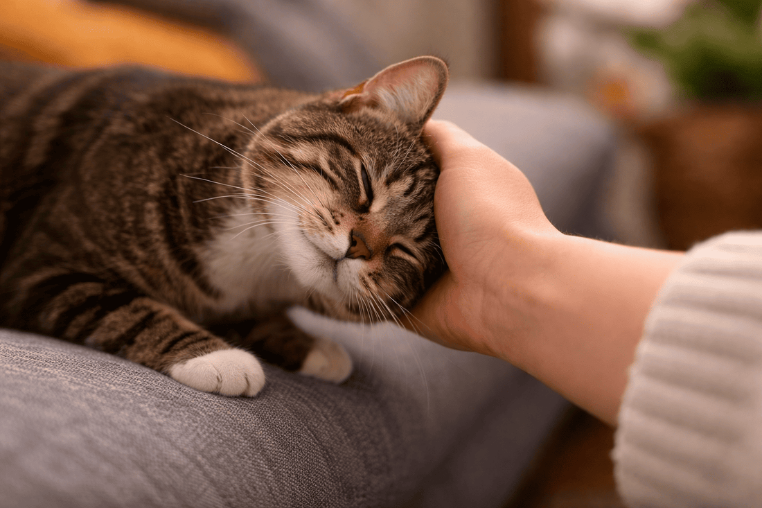 Kat die zacht met haar kop tegen de hand van haar eigenaar duwt, typisch gedrag waarbij katten kopjes geven als teken van vertrouwen en affectie.