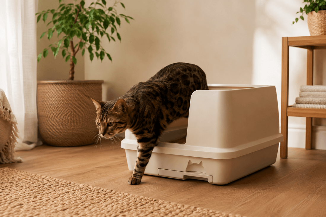 Kat stapt uit een kattenbak in een moderne woonkamer met houten vloer en kamerplant.