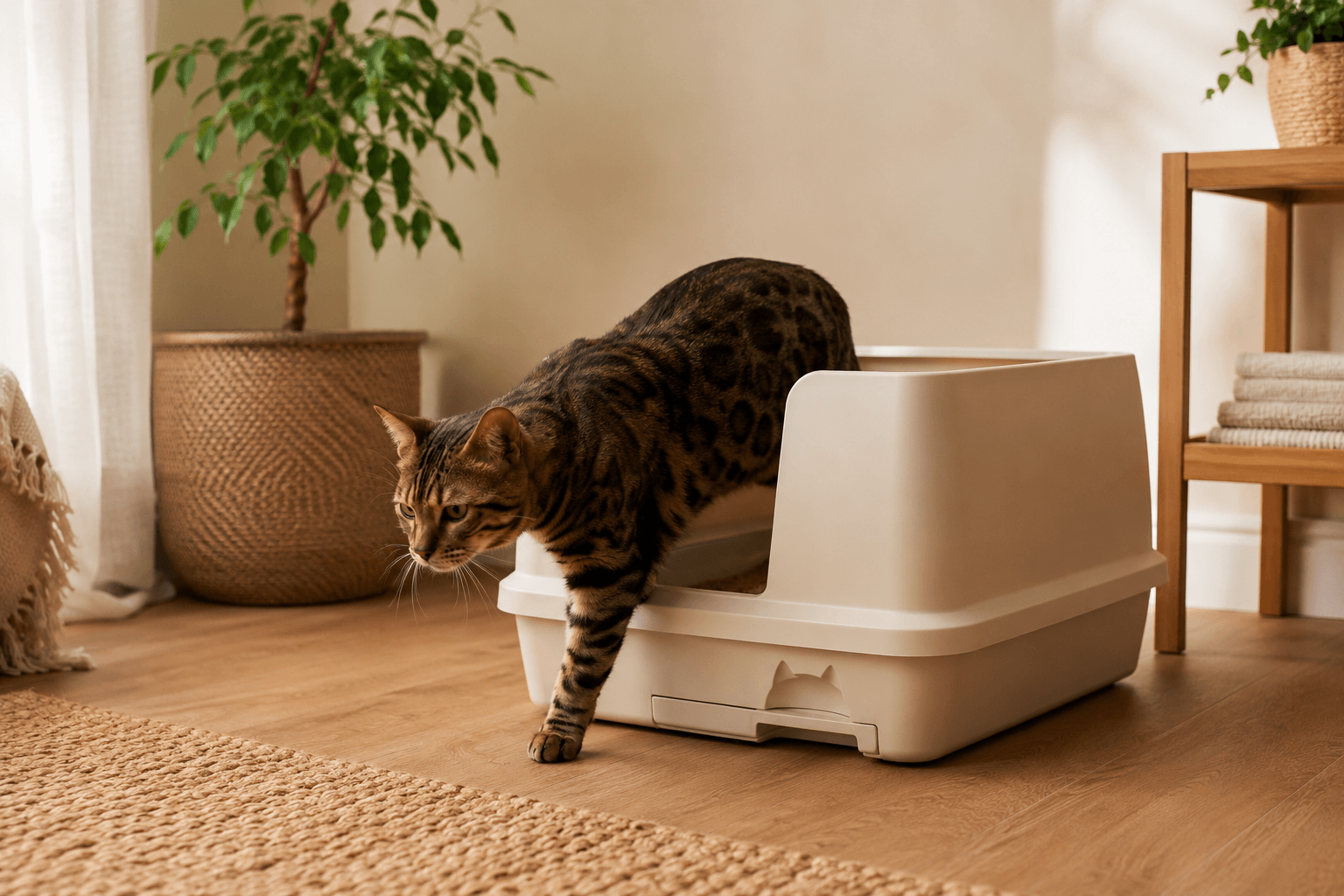 Kat stapt uit een kattenbak in een moderne woonkamer met houten vloer en kamerplant.