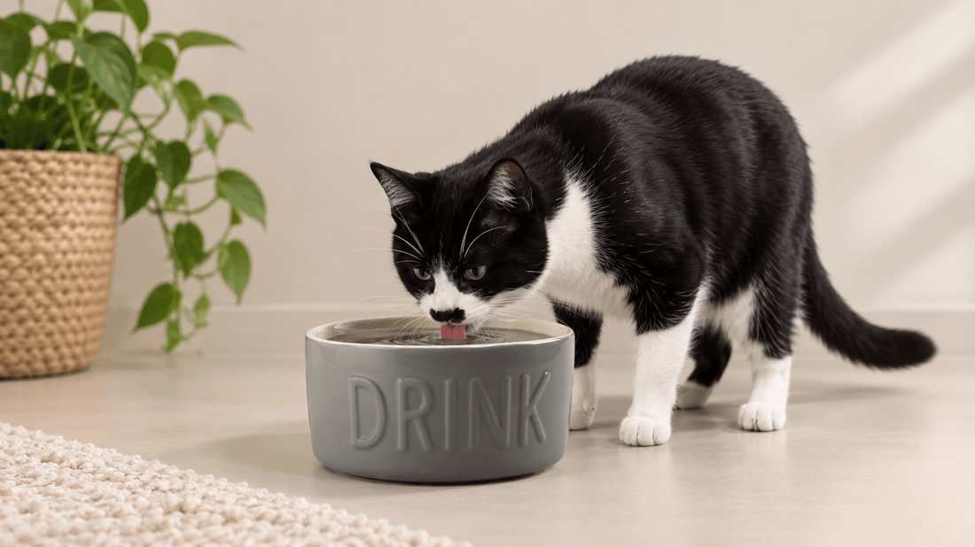 Kat drinkt vers water uit een keramische drinkbak als voorbeeld van gezond drinkgedrag - Kattenhoek