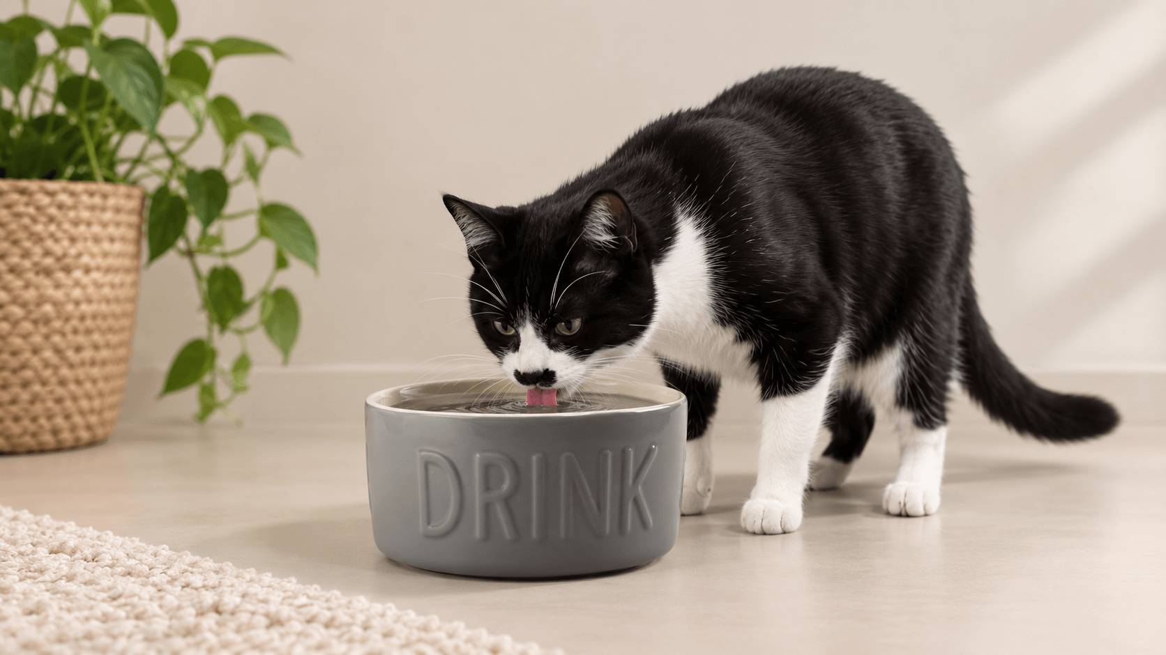 Kat drinkt vers water uit een keramische drinkbak als voorbeeld van gezond drinkgedrag - Kattenhoek