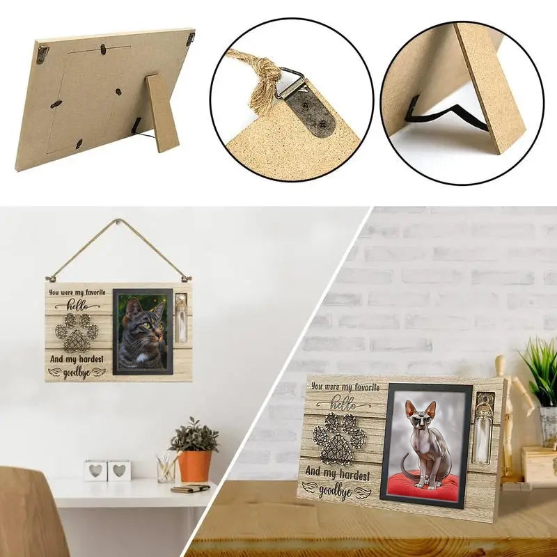 Troostvol katten herdenkstuk van hout met glazen urnflesje en fotolijst – Kattenhoek