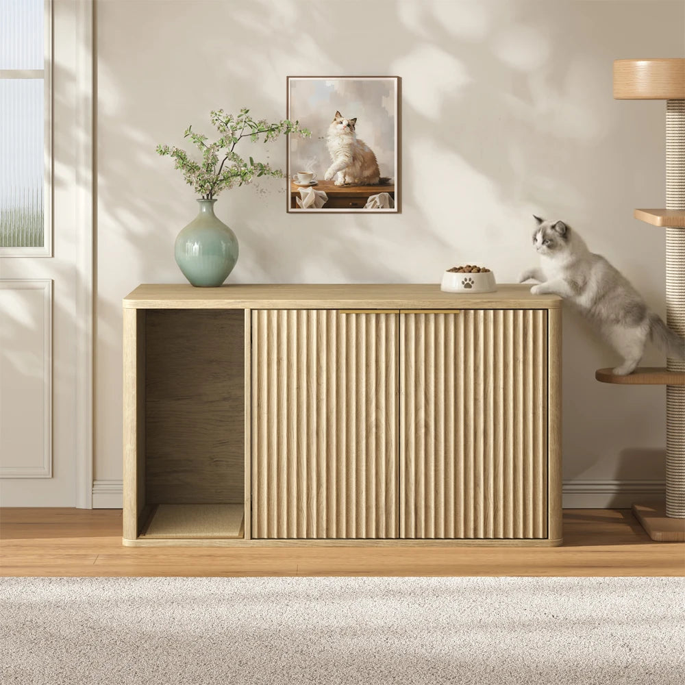Kattenwinkel Boho Luxe Kattenbakkast met afmetingen en modern houten design
