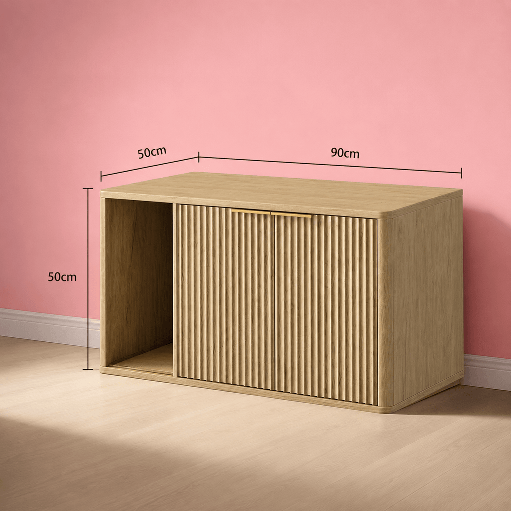 Boho kattenbakkast 90 cm breed met productafmetingen voor grote kattenbakken