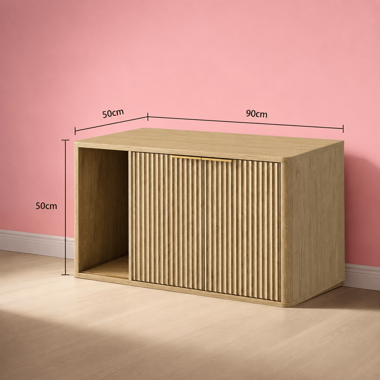 Boho kattenbakkast 90 cm breed met productafmetingen voor grote kattenbakken