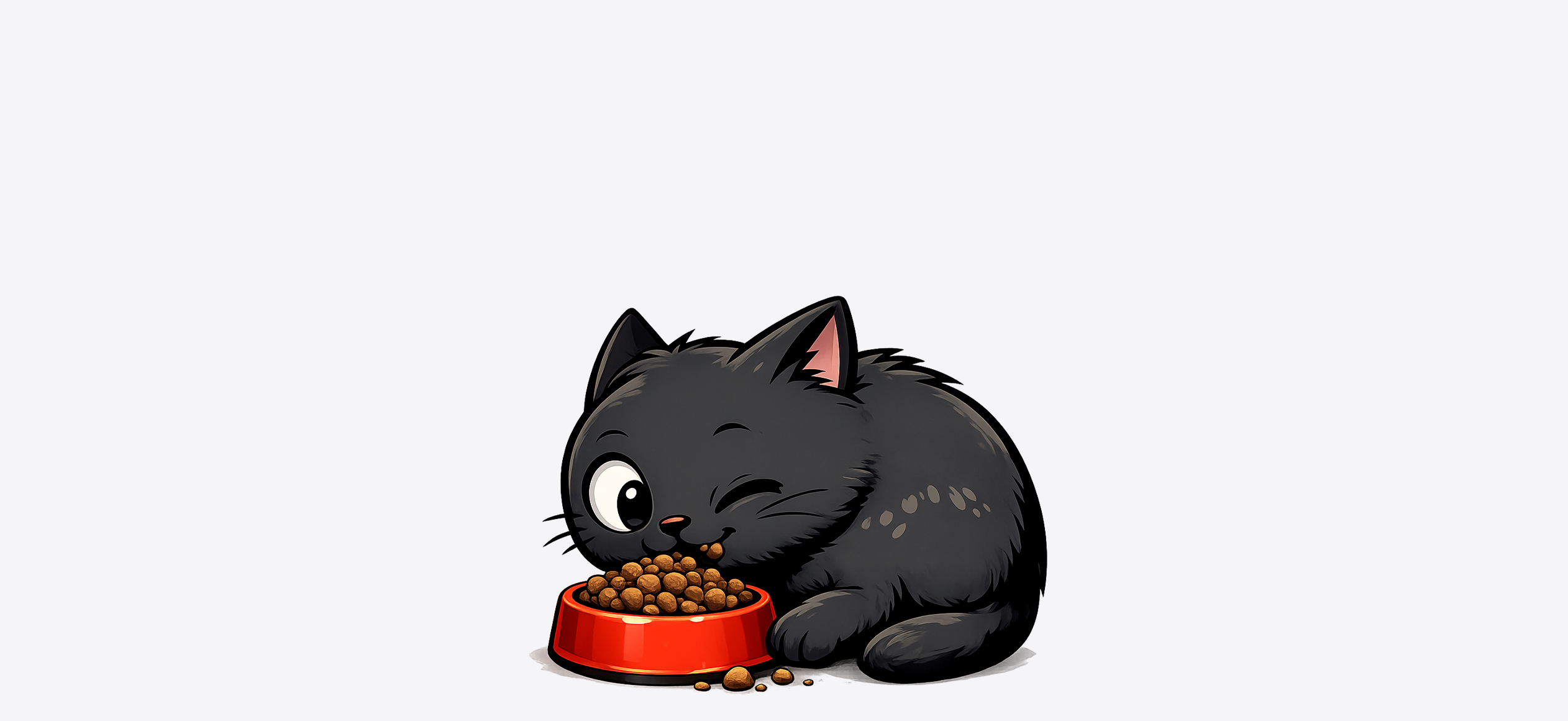 Schattige cartoon digitale tekening van zwarte kat voeding etend uit schaal roodkleurig Kattenhoek