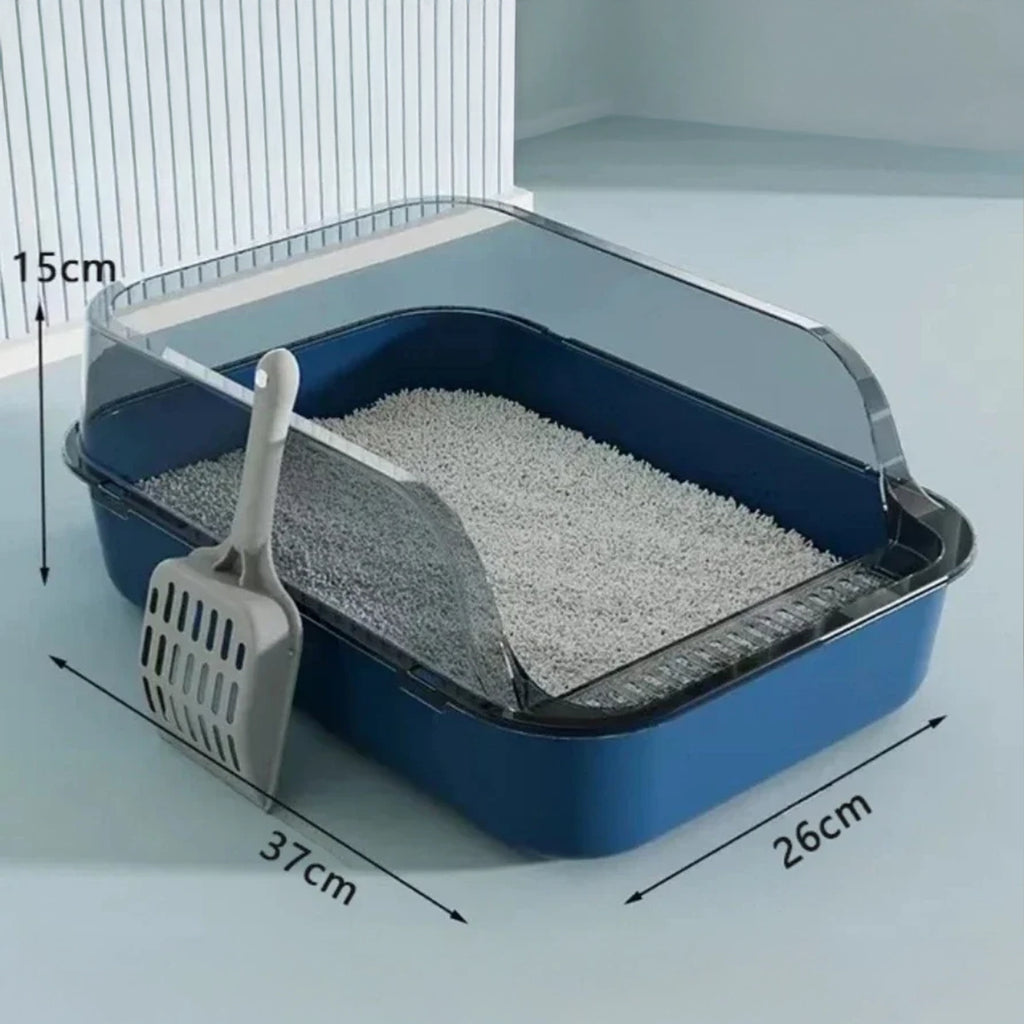 Anti-Spat Kattenbak in grijs – halfgesloten design met verhoogde randen voor hygiëne