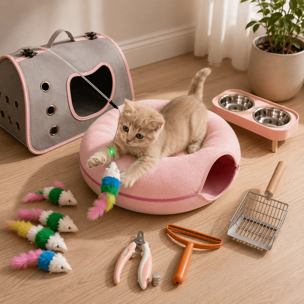 Kitten met compleet roze kitten starterspakket en accessoires