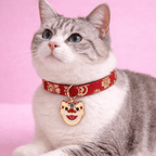 Realistische kat met rode Japanse kattenhalsband met gouden patroon en gelukskat hanger op zachte roze studioachtergrond van Kattenhoek