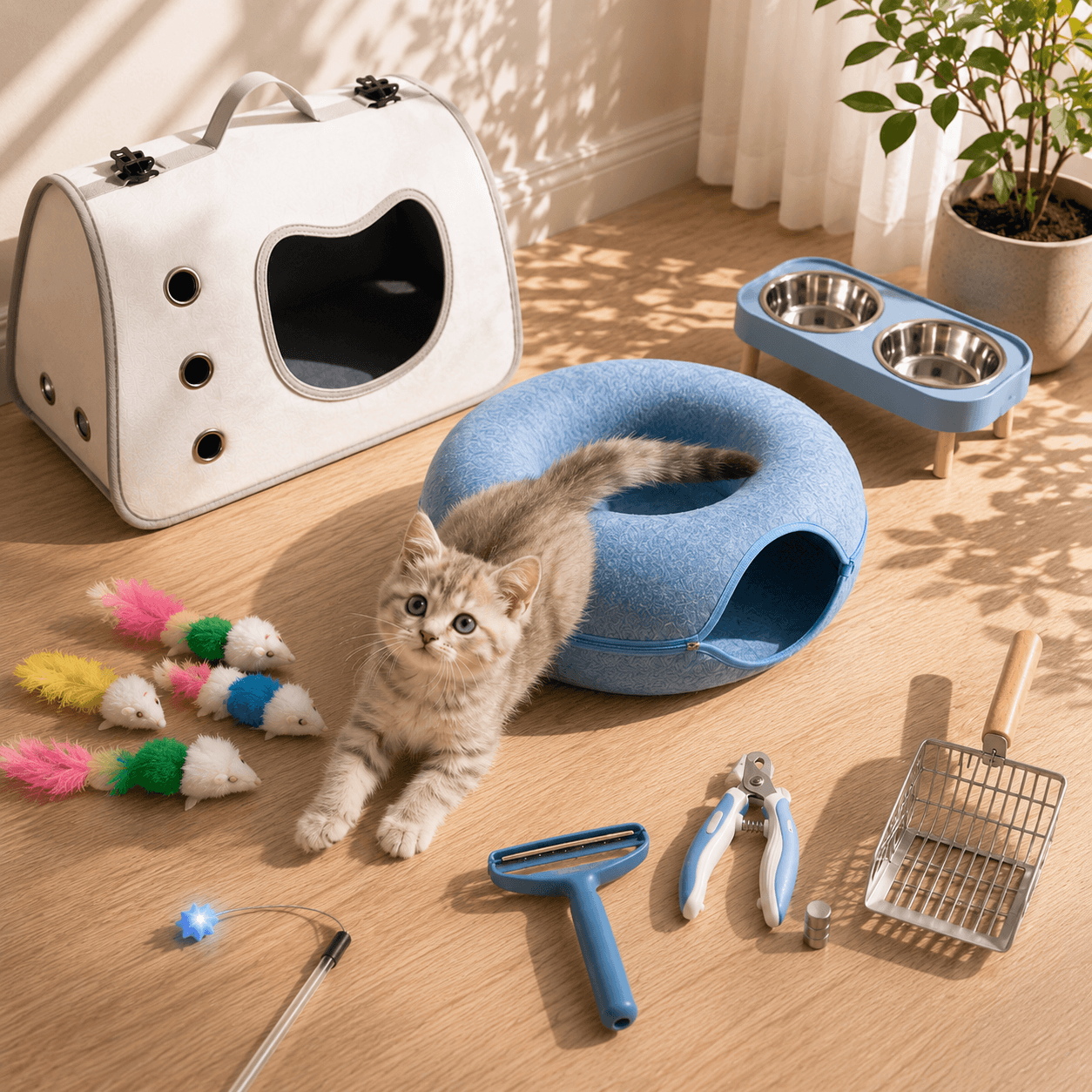 Kitten met compleet blauw starterspakket voor katten