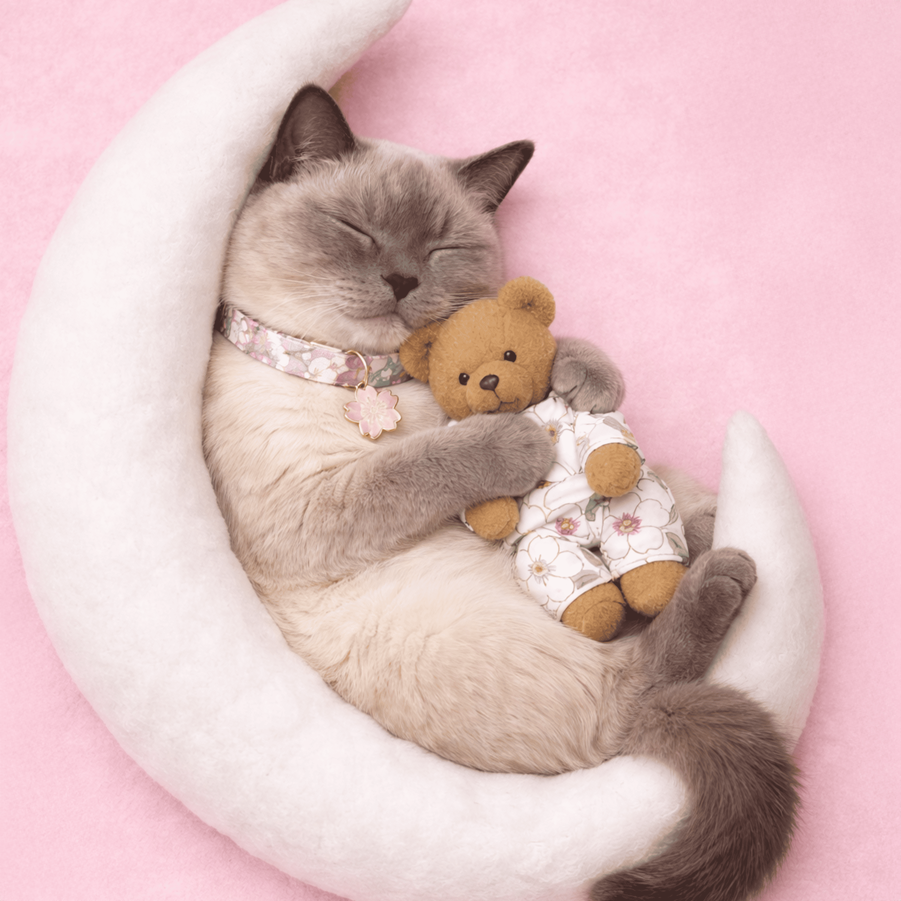 Zachte kitten op roze ondergrond, pluche maan en een knuffelbeer vast. Slapend met een kleurrijke Sakura Halsband gepersonaliseerd bij Kattenhoek online Dierenwinkel 2026