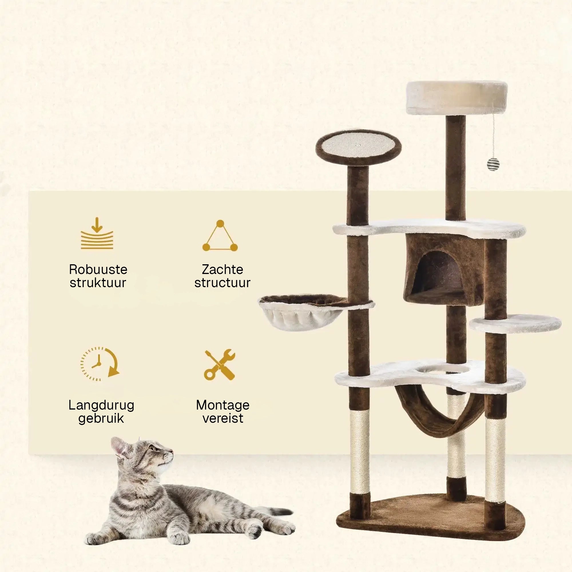 Kattenhoek premium krabpaal – hoge krabtoren met ligplateaus en hangmat