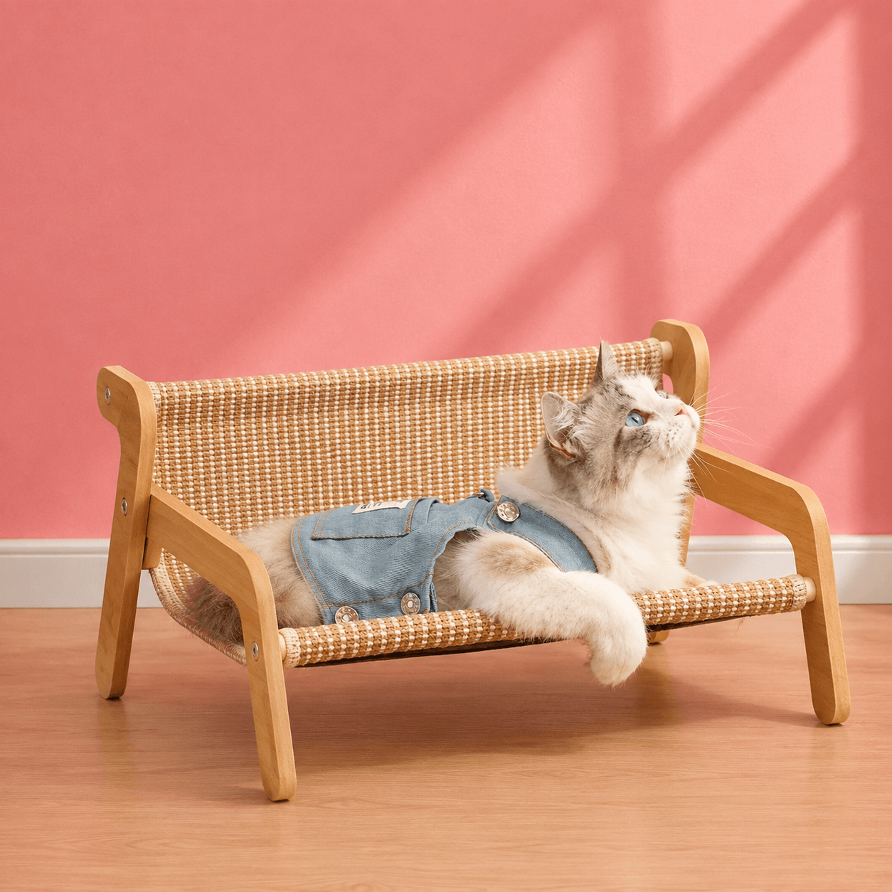 Luxe kattenbed van hout met geweven ligmat waarop een slapende kat comfortabel rust – verhoogde kattenhangmat voor binnengebruik | Kattenhoek kattenwinkel