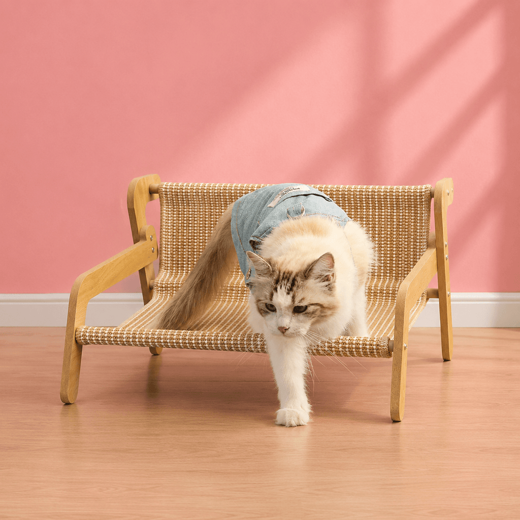 Kat stapt uit een houten luxe kattenbed met geweven hangmat – modern verhoogd kattenbed voor middelgrote en grote katten | Kattenhoek kattenwinkel