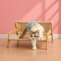 Kat stapt uit een houten luxe kattenbed met geweven hangmat – modern verhoogd kattenbed voor middelgrote en grote katten | Kattenhoek kattenwinkel