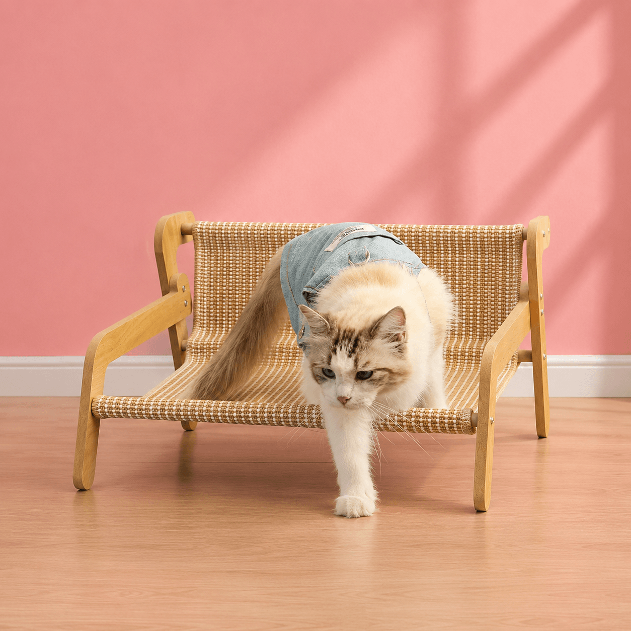 Kat stapt uit een houten luxe kattenbed met geweven hangmat – modern verhoogd kattenbed voor middelgrote en grote katten | Kattenhoek kattenwinkel