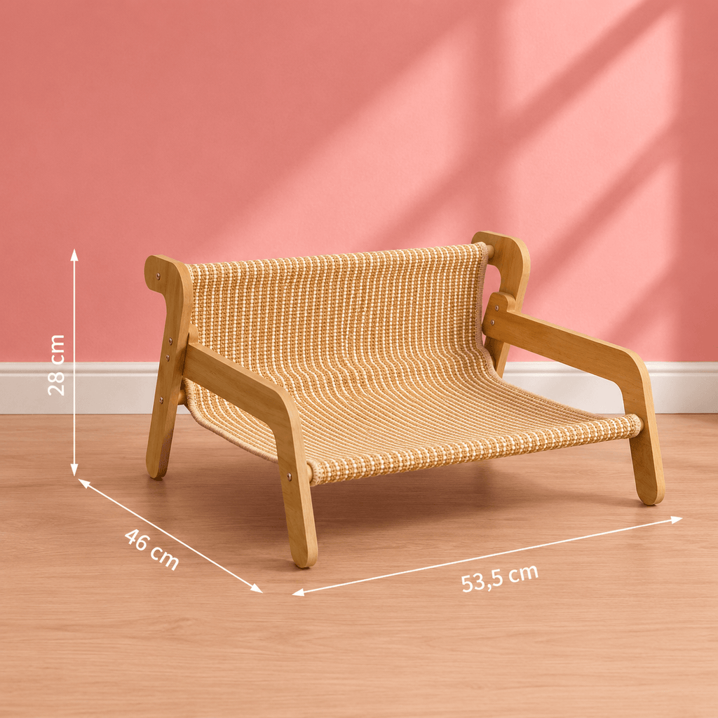 Houten luxe kattenbed met afmetingen 53,5 × 46 × 28 cm – verhoogde geweven kattenhangmat voor binnen | Kattenhoek kattenwinkel