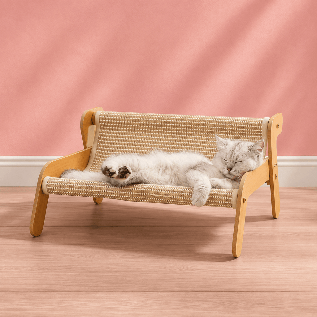 Kat ontspant op een luxe houten kattenhangmat met ademende geweven stof – modern design kattenbed voor binnen | Kattenhoek kattenwinkel